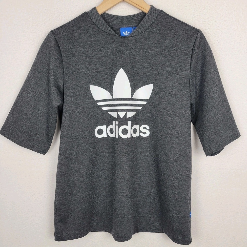 Adidas Women's Trefoil Big Logo T-Shirt Size S Gray White Activewear‎ Streetwear